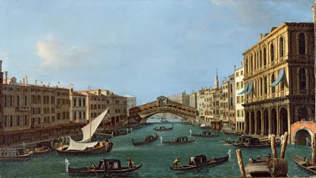 Blick auf den Canal Grande von Süden, der Palazzo Foscari rechts und die Rialtobrücke dahinter